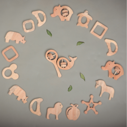 Neem Wood Rattle & Whale Teether Set – Natural Sensory Toys for Babies