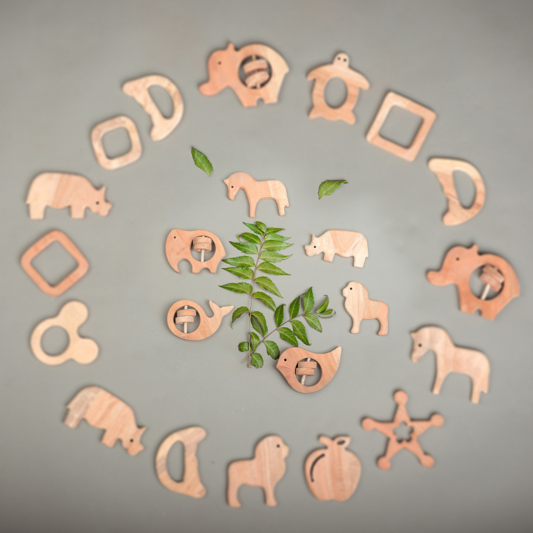 Neem Wood Baby Teethers set of 6 | Eco-Friendly, Handcrafted Animal Shapes by NeemKala