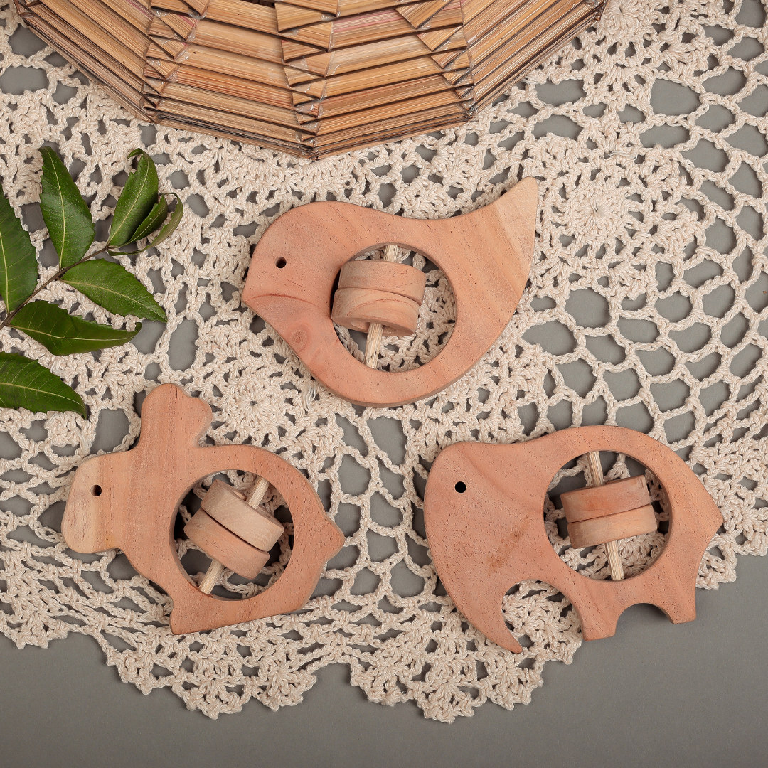 NeemWooden Tiny Roars & Chirps – NeemKala’s Forest Friends Teether Trio