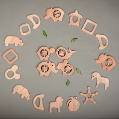Neem Wood Animal Rattle Set – Eco-Friendly Natural Baby Toy for Sensory Play & Teething