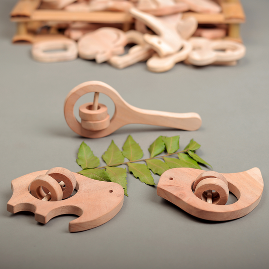 Neem Wood Rattle Trio – Whale, Elephant & Handle Rattle Set | Safe & Natural Baby Teething Toys by NeemKala
