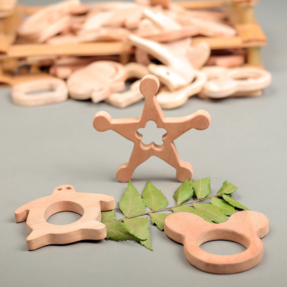 Neem Wood Teether Trio – Turtle, Star & Bear Ring Shapes | Natural & Safe Teething Toys by NeemKala
