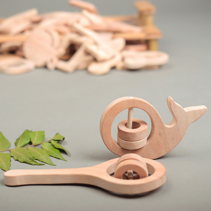 Neem Wood Rattle & Whale Teether Set – Natural Sensory Toys for Babies