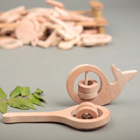 Neem Wood Rattle & Whale Teether Set – Natural Sensory Toys for Babies