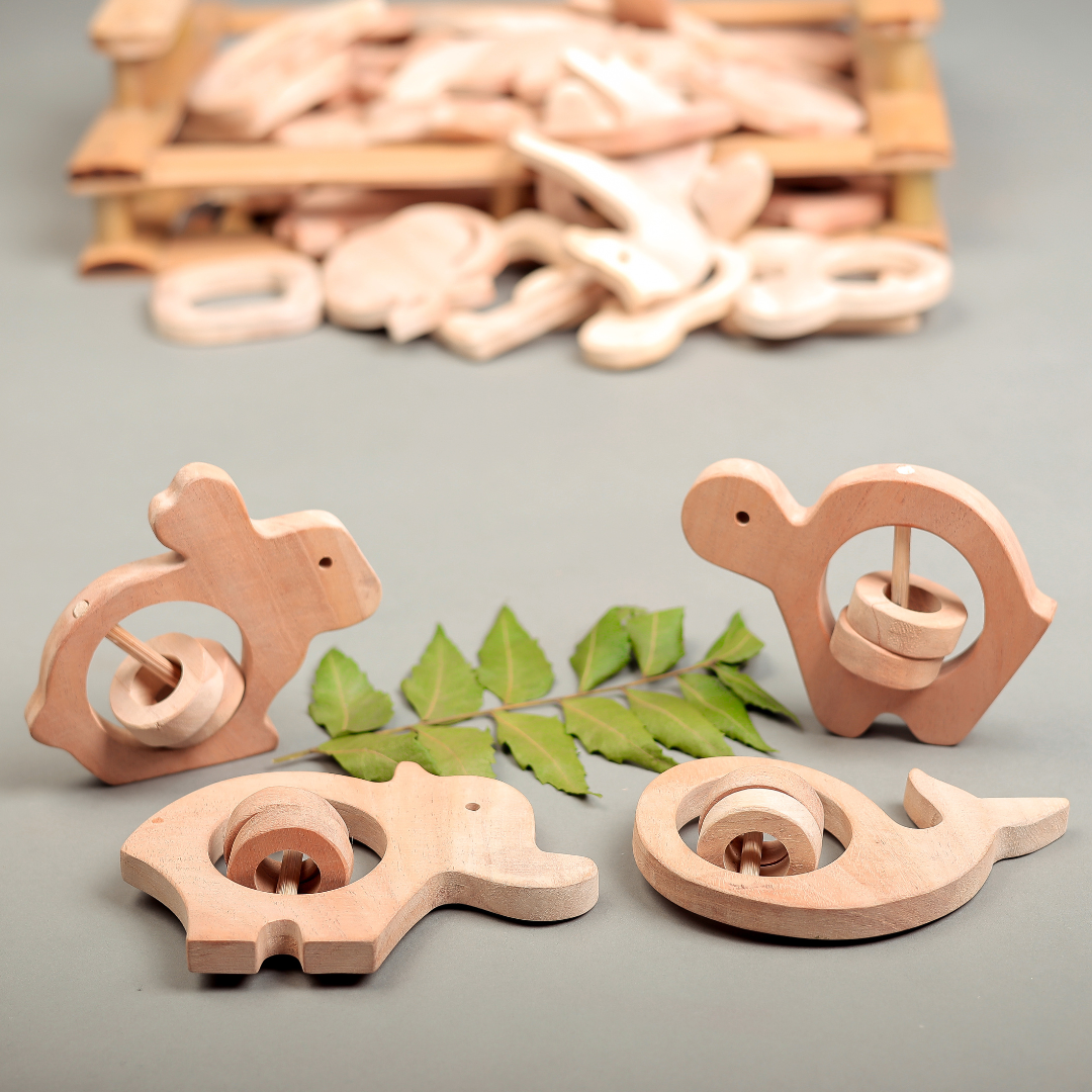 Neem Wood Animal Rattle Set – Eco-Friendly Natural Baby Toy for Sensory Play & Teething