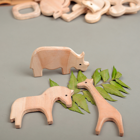 Wild Safari Neem Wood Teether Set – Giraffe, Rhino & Horse by NeemKala