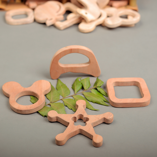Neem Wood Teether Set – Star, Bear Ears, Square & Crescent | Organic Handcrafted Baby Teething Toys by NeemKala