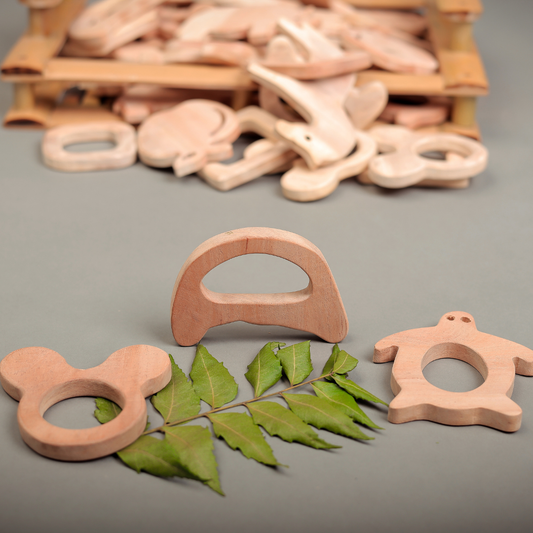 Neem Wood Teether Set – Turtle, Bear Ears & Crescent Shapes | Organic, Eco-Friendly Baby Teethers by NeemKala