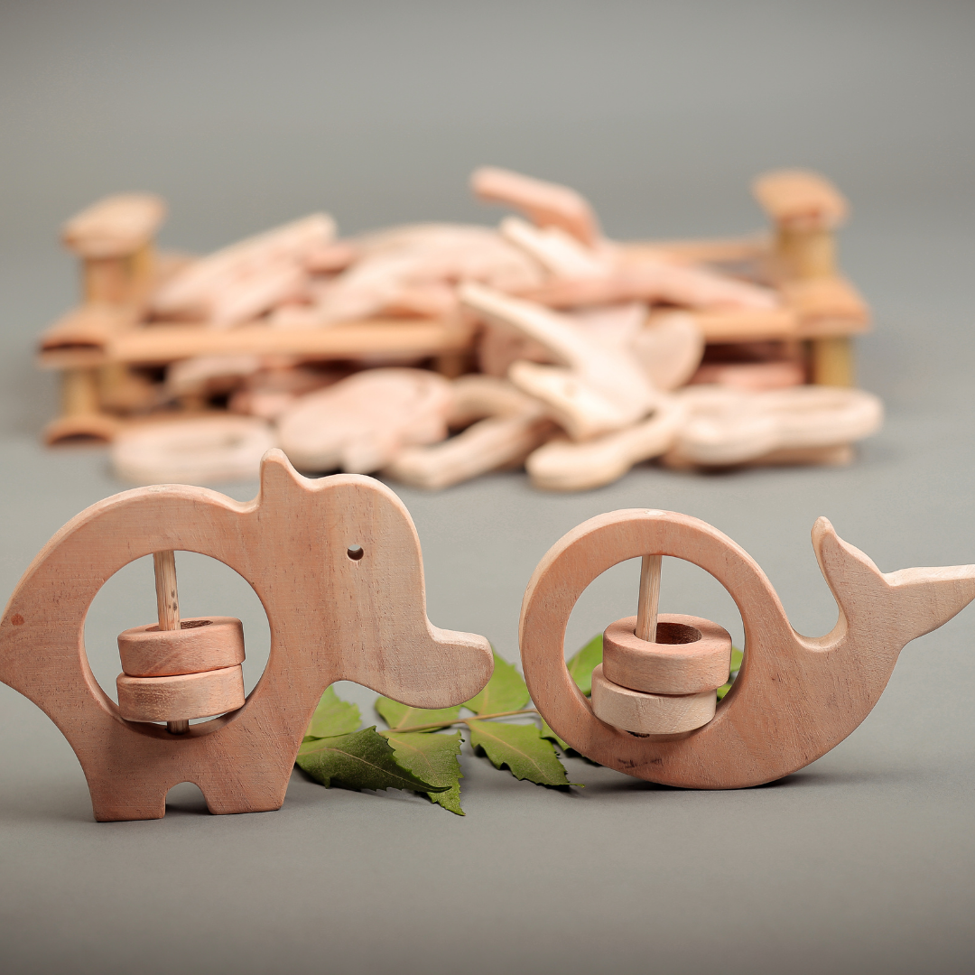 Neem Wood Teethers – Elephant & Whale Combo | Natural Wooden Rattles by NeemKala
