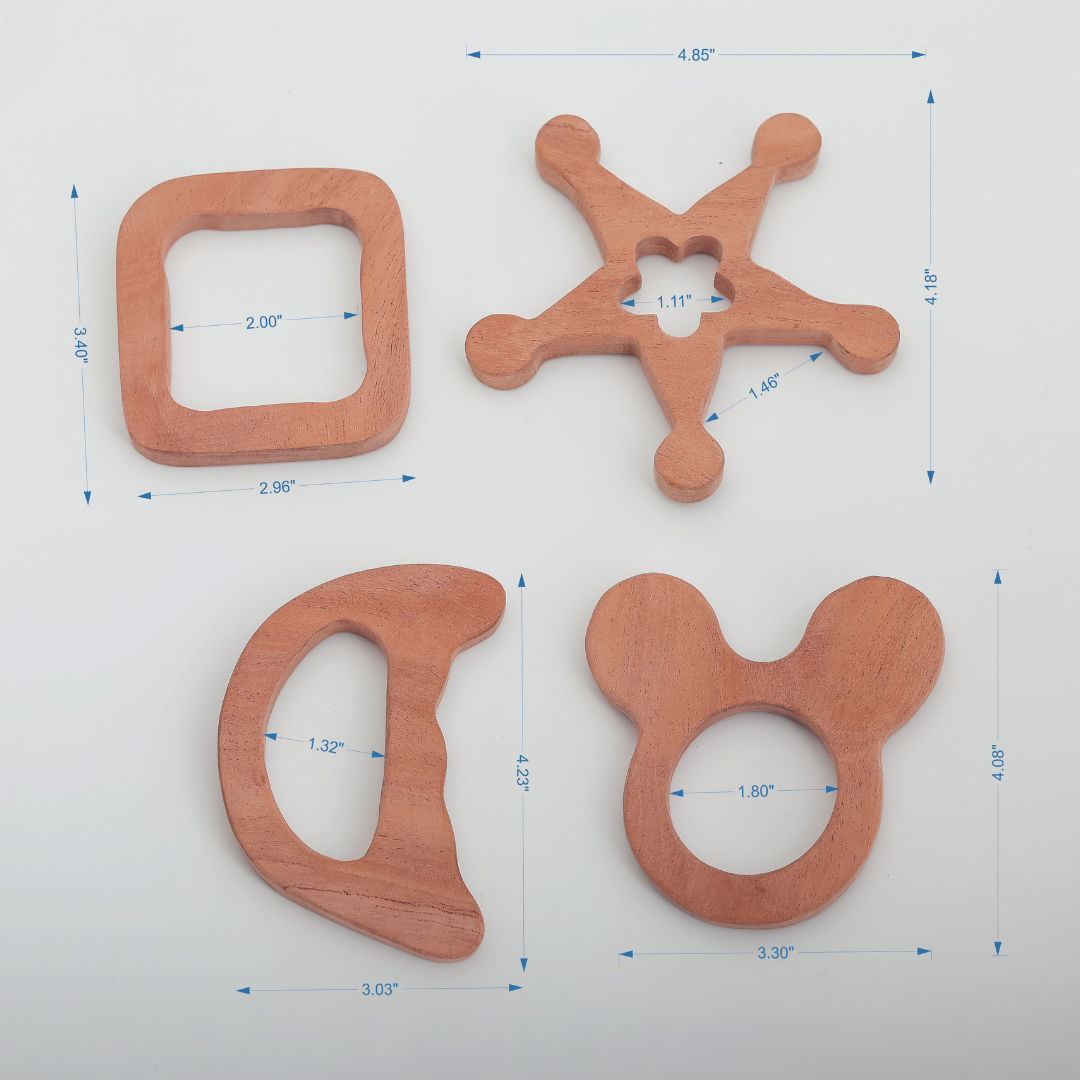 Neem Wood Teether Set – Star, Bear Ears, Square & Crescent | Organic Handcrafted Baby Teething Toys by NeemKala