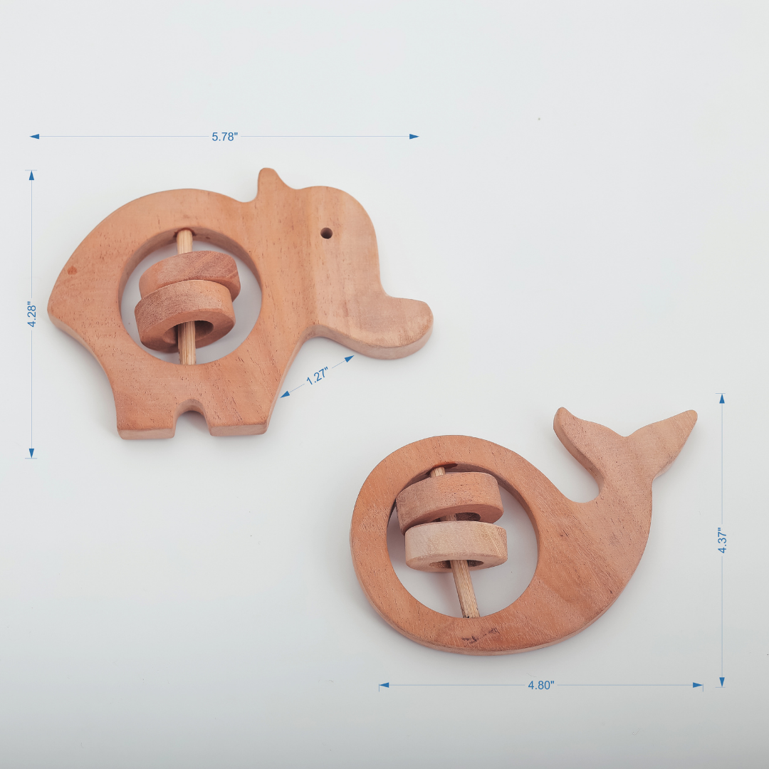Neem Wood Teethers – Elephant & Whale Combo | Natural Wooden Rattles by NeemKala